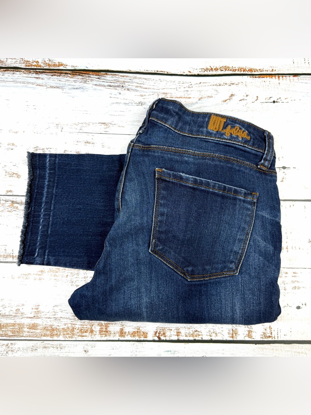 Kut from the Kloth Emma Ankle Straight Leg Dark Wash Cropped Jeans w/ Raw Hem